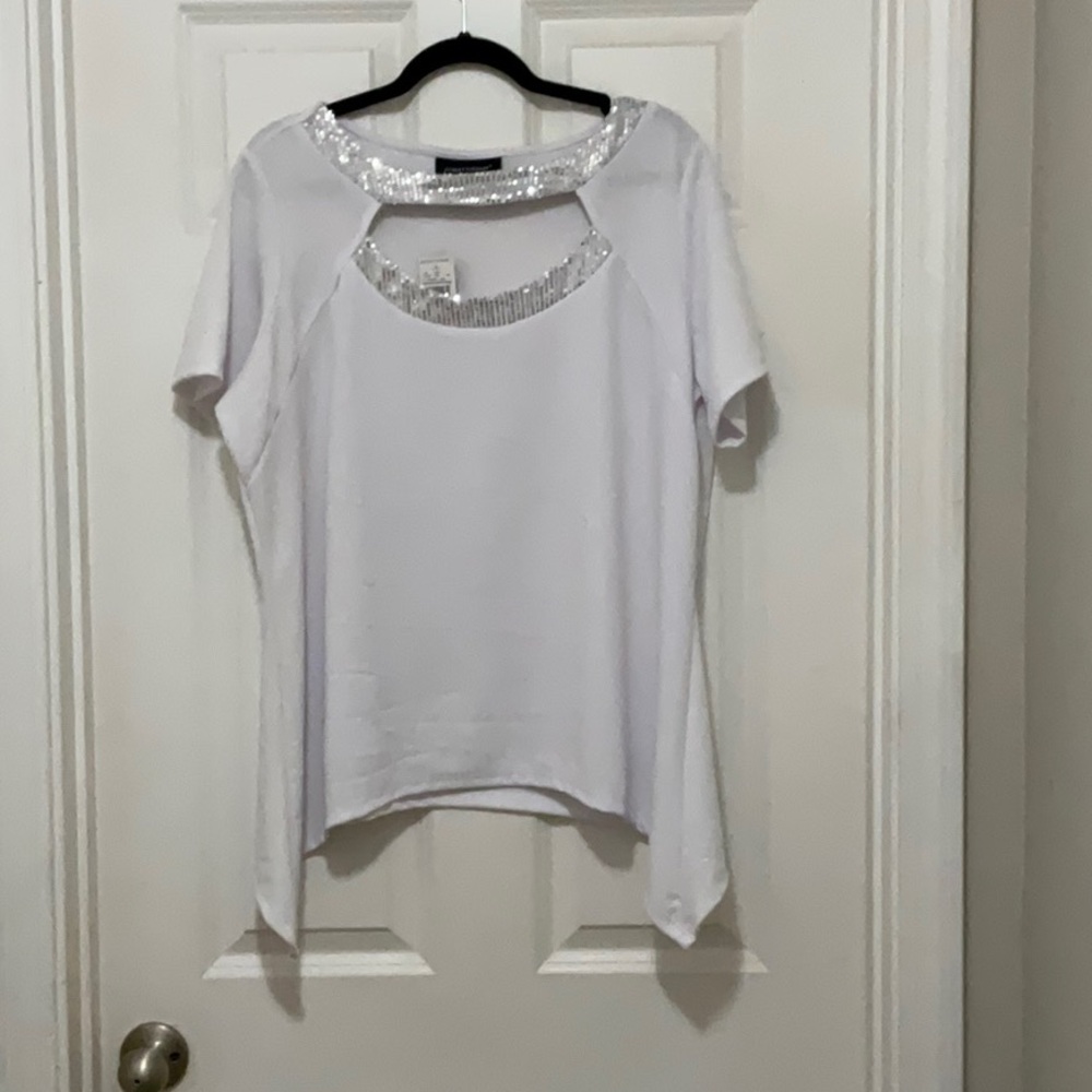 NWT Ashley Stuart White Sequin Trim Top